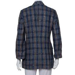 Pre Owned Brunello Cucinelli Navy Blue Plaided Linen Sequin Embellished Double Breasted Blazer M