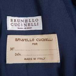 Pre Owned Brunello Cucinelli Navy Blue Plaided Linen Sequin Embellished Double Breasted Blazer M