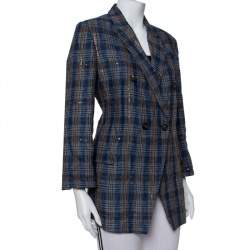 Pre Owned Brunello Cucinelli Navy Blue Plaided Linen Sequin Embellished Double Breasted Blazer M