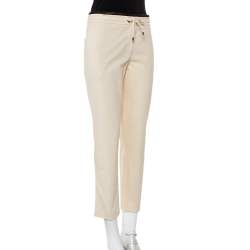Pre Owned Brunello Cucinelli Cream Cotton Contrast Trim Tapered Leg Trousers S
