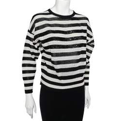 Pre Owned Brunello Cucinelli Monochrome Striped Cotton Knit Sequined Detail Sweater M