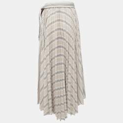 Pre Owned Brunello Cucinelli Beige Stripe Print Cotton Blend Pleated Midi Skirt M