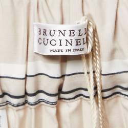 Pre Owned Brunello Cucinelli Beige Stripe Print Cotton Blend Pleated Midi Skirt M