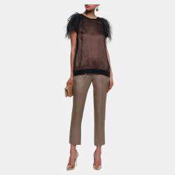Pre Owned Brunello Cucinelli Black Silk Feather Trimmed Top M