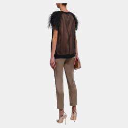 Pre Owned Brunello Cucinelli Black Silk Feather Trimmed Top M
