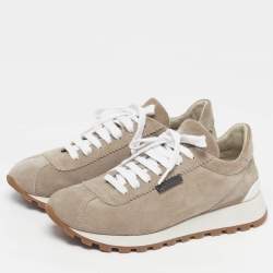 Pre Owned Brunello Cucinelli Grey Suede Monili Lace Up Sneakers Size 38