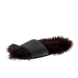 Brunello Cucinelli Brown Monili Bead And Shearling Slip On Slides Size 39