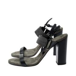 Brunello Cucinelli Black Leather Bead Detail Ankle Strap Sandals Size 39