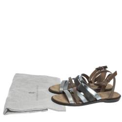 Brunello Cucinelli Multicolor Leather And Fabric Monile Crossover Ankle Strap Flats Size 39