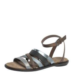 Brunello Cucinelli Multicolor Leather And Fabric Monile Crossover Ankle Strap Flats Size 39