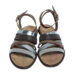 Brunello Cucinelli Multicolor Leather And Fabric Monile Crossover Ankle Strap Flats Size 39