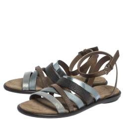 Brunello Cucinelli Multicolor Leather And Fabric Monile Crossover Ankle Strap Flats Size 39