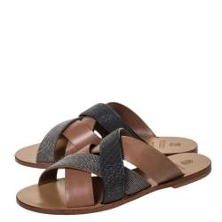 Brunello Cucinelli Brown Beaded Leather Crossover Sandals Size 39