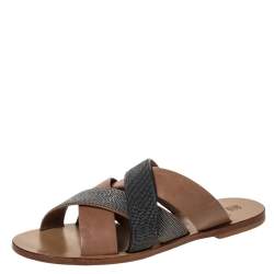 Brunello Cucinelli Brown Beaded Leather Crossover Sandals Size 39
