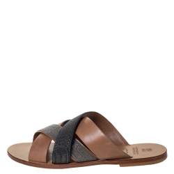 Brunello Cucinelli Brown Beaded Leather Crossover Sandals Size 39