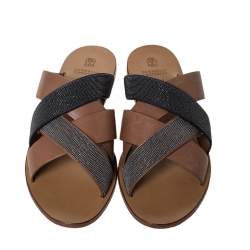 Brunello Cucinelli Brown Beaded Leather Crossover Sandals Size 39