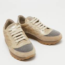 Pre Owned Brunello Cucinelli Beige/Gold Suede And Leather Accents Sneakers Size 39.5