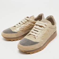Pre Owned Brunello Cucinelli Beige/Gold Suede And Leather Accents Sneakers Size 39.5