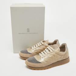Pre Owned Brunello Cucinelli Beige/Gold Suede And Leather Accents Sneakers Size 39.5
