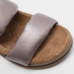 Brunello Cucinelli Metallic Purple Leather Two Strap Slides Size 38