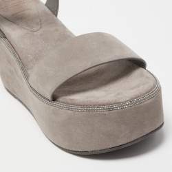 Brunello Cucinelli Grey  Suede Embellished Ankle Strap Wedge Sandals Size 40