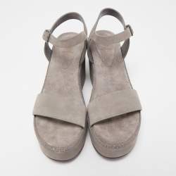 Brunello Cucinelli Grey  Suede Embellished Ankle Strap Wedge Sandals Size 40