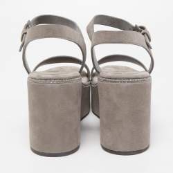 Brunello Cucinelli Grey  Suede Embellished Ankle Strap Wedge Sandals Size 40