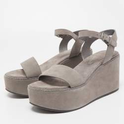 Brunello Cucinelli Grey  Suede Embellished Ankle Strap Wedge Sandals Size 40