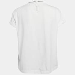 Pre Owned Brunello Cucinelli White Cotton Neck Detail Roll-Up Sleeve Top M