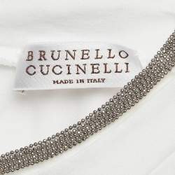 Pre Owned Brunello Cucinelli White Cotton Neck Detail Roll-Up Sleeve Top M