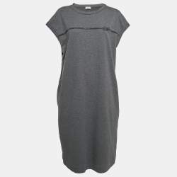 Brunello Cucinelli Grey Logo Embroidered Cotton Sleeveless Short Dress XXL