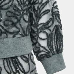 Pre Owned Brunello Cucinelli Grey Ramage Paillete  Silk Cardigan and Skirt S