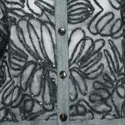 Pre Owned Brunello Cucinelli Grey Ramage Paillete  Silk Cardigan and Skirt S
