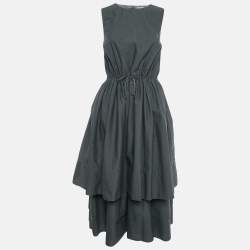 Brunello Cucinelli Grey Cotton Blend Drawstring Tiered Midi Dress M