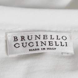 Pre Owned Brunello Cucinelli White Monili Neck Detail Cotton Roll-Up Sleeve T-Shirt M