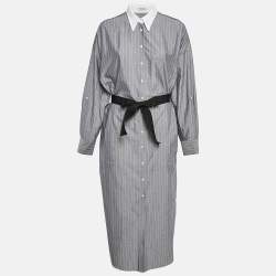 Brunello Cucinelli Grey Stripe Cotton Button Front Midi Dress L