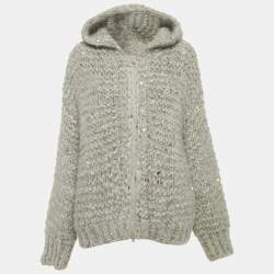 Brunello Cucinelli Grey Sequin Wool Zip-Up Cardigan M
