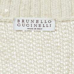 Brunello Cucinelli Beige Sequin Rib Knit V-Neck Sheer Sweater L