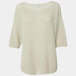 Brunello Cucinelli Beige Sequin Rib Knit V-Neck Sheer Sweater L