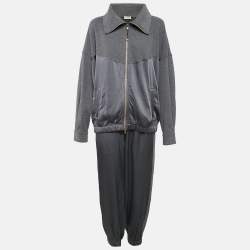 Brunello Cucinelli Grey Satin and Cotton Knit Jacket and Jogger Pants Set M