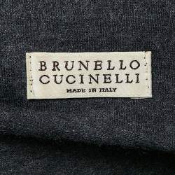 Pre Owned Brunello Cucinelli Grey Stretch Wool High Neck Ruche Detail Midi Dress M