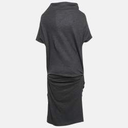 Pre Owned Brunello Cucinelli Grey Stretch Wool High Neck Ruche Detail Midi Dress M