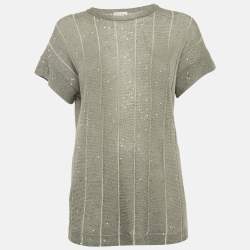 Brunello Cucinelli Grey Sequin Knit Sheer Top M