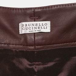 Pre Owned Brunello Cucinelli Burgundy Leather Wide Leg Capri Pants M