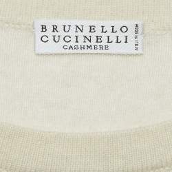 Brunello Cucinelli Cream Cashmere Monilli Bead Detail Crew Neck Top S
