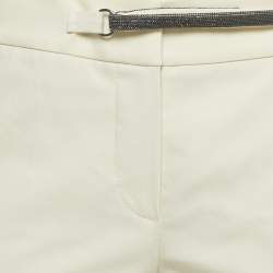 Pre Owned Brunello Cucinelli Cream Cotton Monili Belt Detail Trousers M Waist 32"