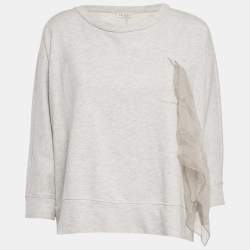 Pre Owned Brunello Cucinelli Grey Cotton Jersey Ruffled Monili Pocket Detail Sweatshirt XS