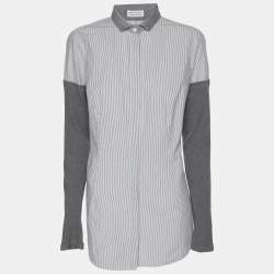 Pre Owned Brunello Cucinelli Grey/Off White Pin Stripe Cotton and Cashmere Long Sleeve Shirt M