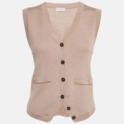 Pre Owned Brunello Cucinelli Beige Rib Knit Sleeveless Monili Bead Detail Cardigan S
