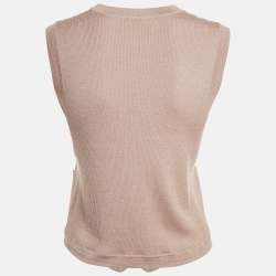 Pre Owned Brunello Cucinelli Beige Rib Knit Sleeveless Monili Bead Detail Cardigan S